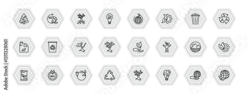 outline icons set - ecology concept. vector icons included christmas trees, tree and roots, eco, recycle bin and more.
