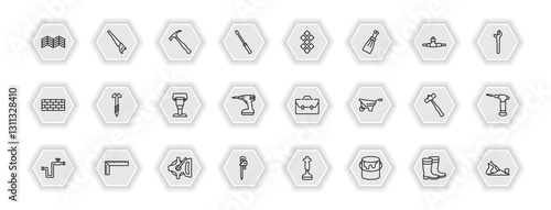 outline icons set - construction tools concept. vector icons included parquet, brick hammer, tiles, screw and more.