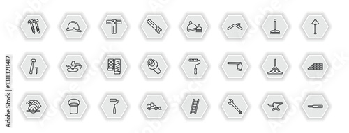 outline icons set - construction tools concept. vector icons included screws, boning rod, dustpan and brush, polishers and more.
