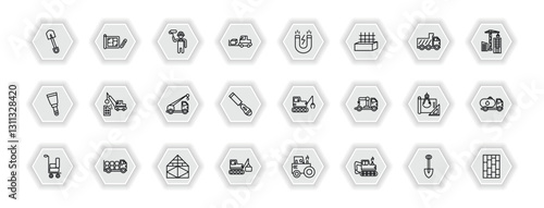 outline icons set - construction concept. vector icons included short shovel, man painting, inclined magnet, demolition and more.