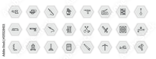 outline icons set - construction and tools concept. vector icons included sanding hine, iron soldering, sealant gun, caulk gun and more.