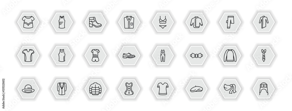 outline icons set - clothes concept. vector icons included blouse, danica shoes, lingerie, tank top and more. outline icons set - clothes concept. vector icons included blouse, danica shoes, lingerie, tank top and more.