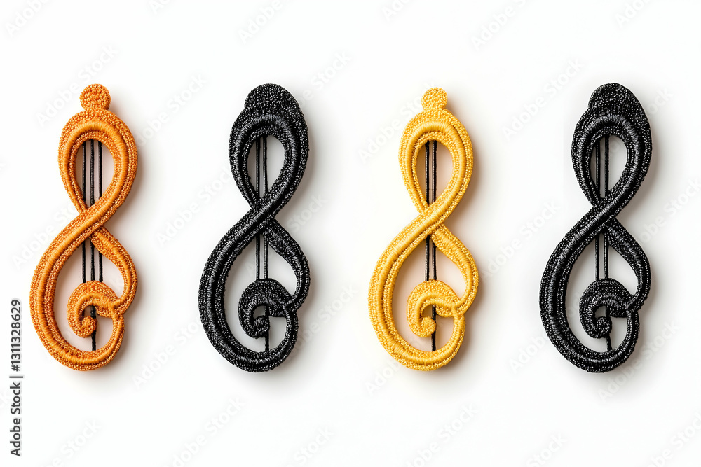 Fototapeta premium Treble clefs aligned, alternating colors, white backdrop, studio shot