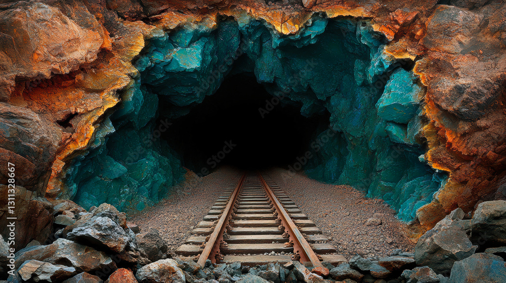 Discover the mystical allure of an abandoned mine, where vibrant rock formations cradle the dark expanse of a foreboding tunnel, inviting explorers to venture deeper into the unknown. Discover the mystical allure of an abandoned mine, where vibrant rock formations cradle the dark expanse of a foreboding tunnel, inviting explorers to venture deeper into the unknown.