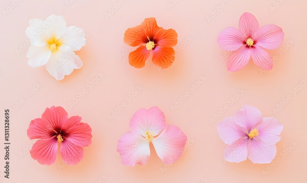 Pink and white orchid, pink hibiscus flower, various colors of cherry blossoms, minimalist style, Generative AI Pink and white orchid, pink hibiscus flower, various colors of cherry blossoms, minimalist style, Generative AI
