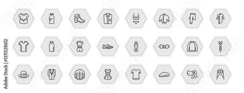 outline icons set - clothes concept. vector icons included blouse, danica shoes, lingerie, tank top and more.