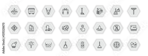 outline icons set - cleaning concept. vector icons included emulsion, clothes peg, dust pan, detergent and more.