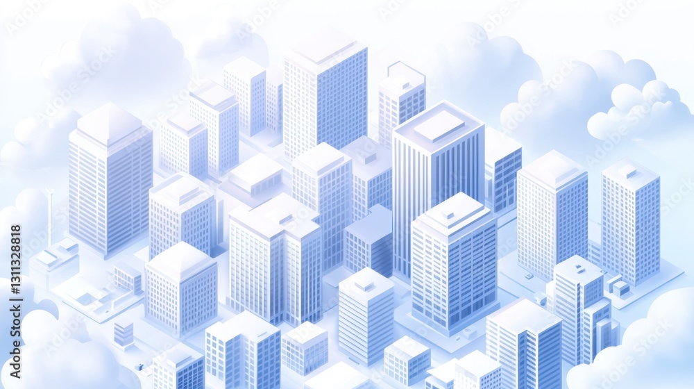 Obraz premium Isometric city on clouds, urban digital art, aerial view, futuristic, background image, stock photo