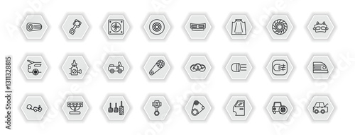 outline icons set - car parts concept. vector icons included car reversing light, car fan, cowl, choke and more.