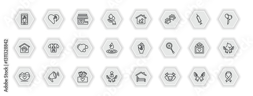 outline icons set - charity concept. vector icons included charity app, charity shop, animal shelter, clothes donation and more.