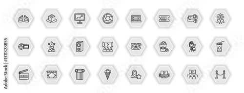outline icons set - cinema concept. vector icons included 3d glass, animation, buy tickets online, actress and more.