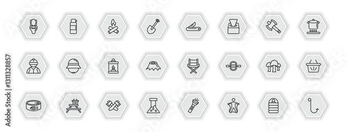 outline icons set - camping concept. vector icons included toilet, campfire, pocket knife, explorer hat and more.