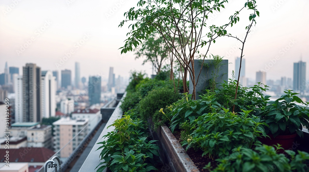 Fototapeta premium Planting vegetable on a rooftop garden in the city it very fresh and green color and there are sky building in background