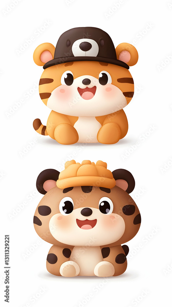 Naklejka premium Two cute tiger cubs sitting in hats on white background