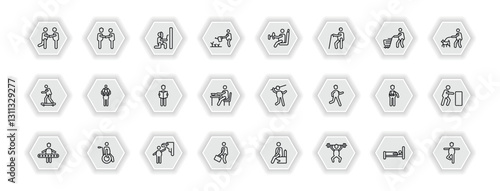 outline icons set - behavior concept. vector icons included two friends, man welding, man driving, piggyback a kid and more.