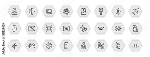 outline icons set - artificial intellegence concept. vector icons included personal assistant, laptop, organ printing, mail and more.