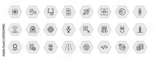 outline icons set - artificial intellegence concept. vector icons included eye tracking, ar monocle, rocket, artificial atmosphere and more.