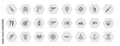 outline icons set - army and war concept. vector icons included automatic gun, patriot, strategy, target and more.