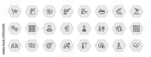 outline icons set - activity and hobbies concept. vector icons included martial art, magician, lace making, quilt and more.