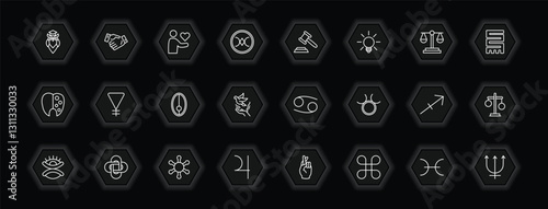 outline icons set - zodiac concept. vector icons included wisdom, loyalty, authority, soapstone and more.