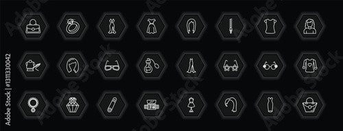 outline icons set - woman clothing concept. vector icons included handbag elegant, sexy female dress, hair wig, shoulder length and more.