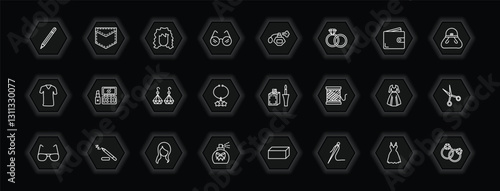 outline icons set - woman clothing concept. vector icons included eyes makeup pencils, human black hair, parfum bottle, makeup and more.