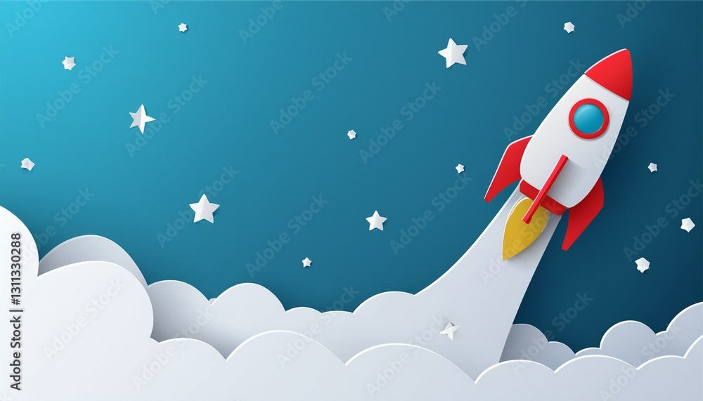 Paper art style of rocket flying in space, start up concept, flat-style vector illustration. Generated image