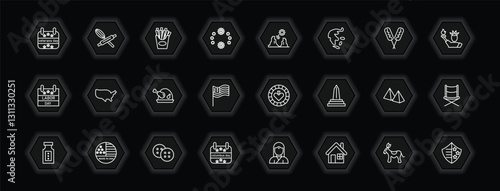 outline icons set - united states of america concept. vector icons included veterans day, french fries, grand canyon, america and more.