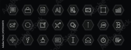 outline icons set - user interface concept. vector icons included text in, video file, add new document, update arrows and more.