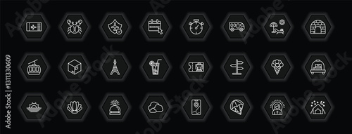 outline icons set - travel concept. vector icons included boarding pass, travel insurance, stopclock, packing and more.