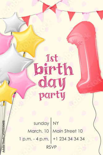girl birthday invitation with inflatable balloons in the shape of stars and number one in pink colors