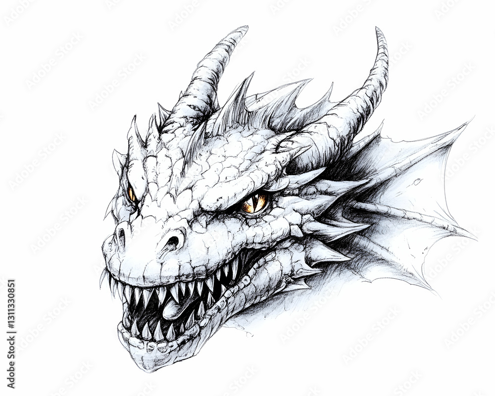 White Dragon head close-up, detailed sketch, isolated on white background White Dragon head close-up, detailed sketch, isolated on white background