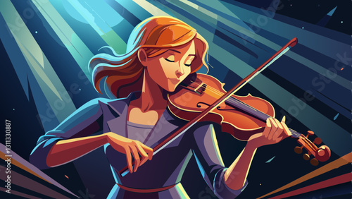 Dramatic low angle shot of a concentrated female violinist in a dark studio, illuminated by a top light, with ample copy space