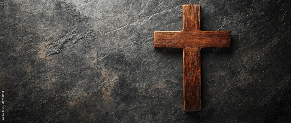 Wooden Cross on Dark Stone Background Wooden Cross on Dark Stone Background