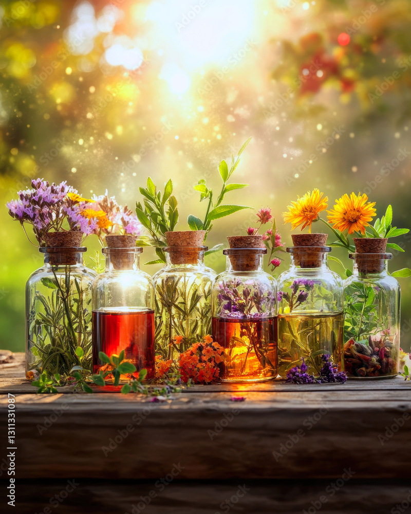 A captivating array of glass bottles filled with vibrant herbs and flowers, illuminated by warm sunlight, showcasing the art of natural remedies and botanical beauty in harmony. A captivating array of glass bottles filled with vibrant herbs and flowers, illuminated by warm sunlight, showcasing the art of natural remedies and botanical beauty in harmony.