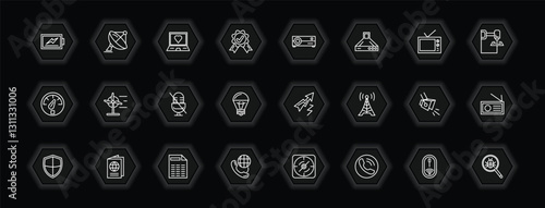 outline icons set - technology concept. vector icons included battery level, laptop with a heart, cinema projector, wind power and more.
