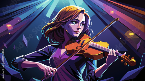 Dramatic low angle shot of a concentrated female violinist in a dark studio, illuminated by a top light, with ample copy space