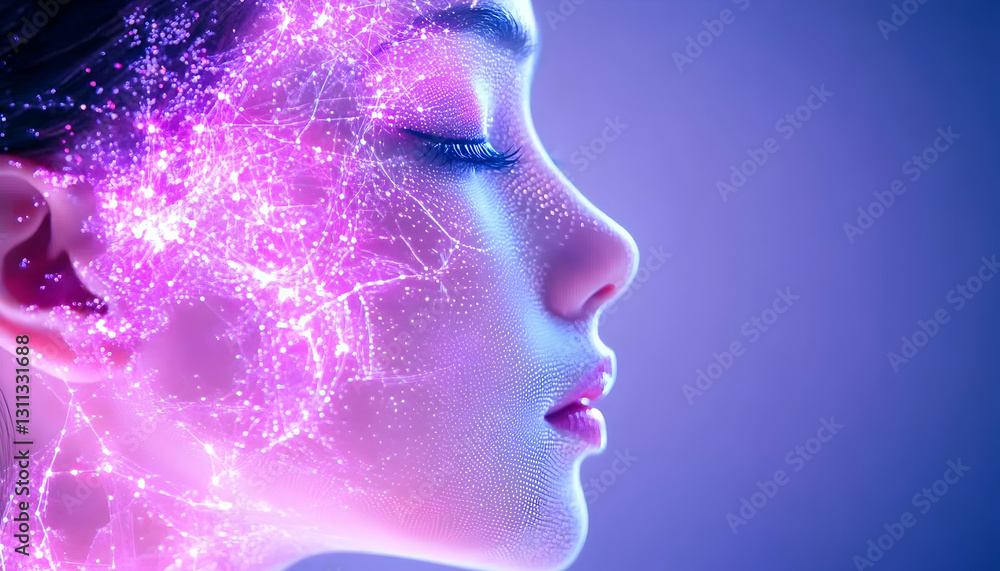 Woman profile glows; radiant network lights illuminate face in abstract background Woman profile glows; radiant network lights illuminate face in abstract background