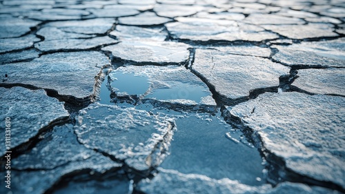 Climate change with global transition idea. Cracked surface with water puddles reflecting light.