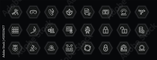 outline icons set - security concept. vector icons included police tools, fire phone, unlocked file, match fire and more.