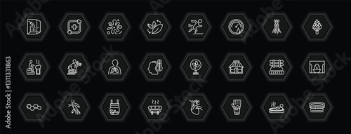 outline icons set - sauna concept. vector icons included dousing shower, splashing, adrenalin rush, vascular workout and more.