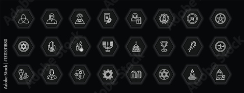 outline icons set - religion concept. vector icons included paganism, cao dai, orthodox, jainism and more.