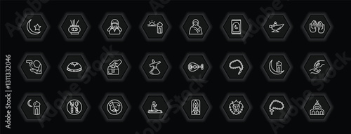 outline icons set - religion concept. vector icons included star and crescent moon, adhan call, hijab veil, yarmulke and more.