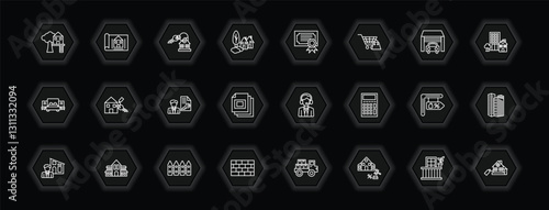 outline icons set - real estate concept. vector icons included tree house, house key, certification, rent and more.