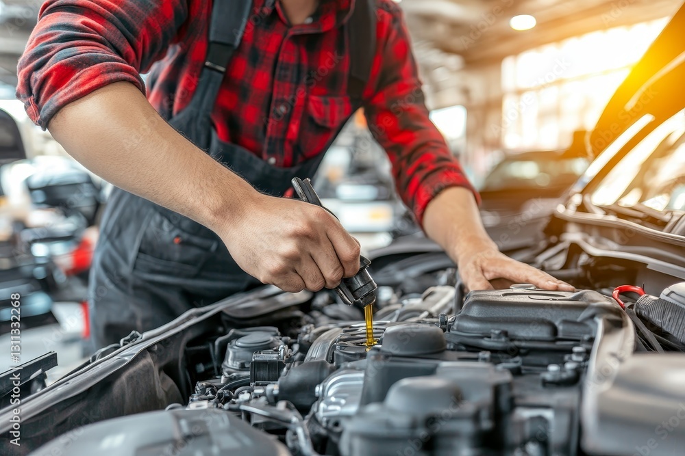 Mechanic Adding Engine Oil Car Maintenance Repair Service Auto Repair Shop Professional Vehicle Service Technician Mechanic Adding Engine Oil Car Maintenance Repair Service Auto Repair Shop Professional Vehicle Service Technician