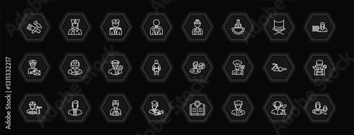 outline icons set - professions concept. vector icons included carpenter, captain, builder, racer and more.