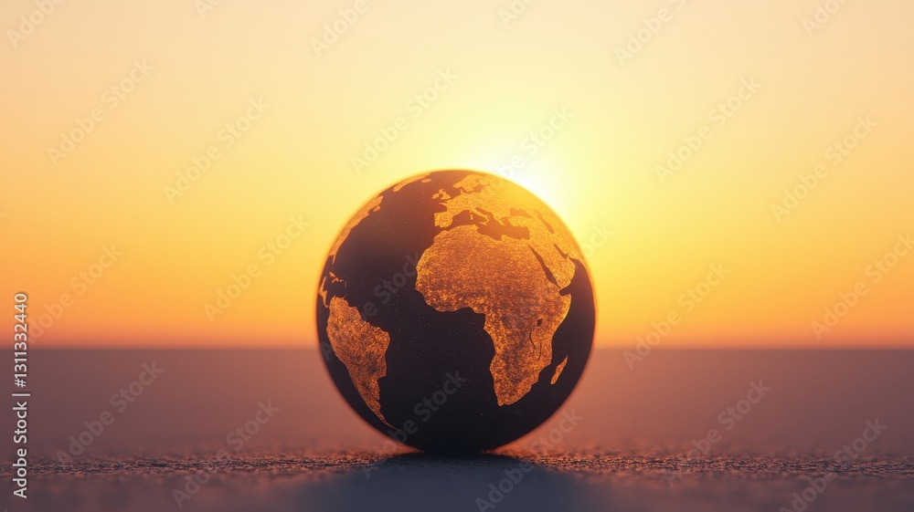 Fototapeta premium Climate change with global transition idea. Globe silhouette against a vibrant sunset backdrop.