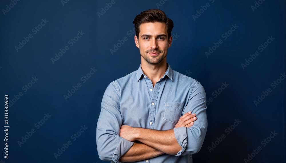 Obraz premium Confident man standing with arms crossed against navy blue background, self-assurance