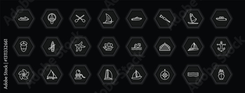 outline icons set - nautical concept. vector icons included watercraft, seaworthy, speedboat, skiff and more.