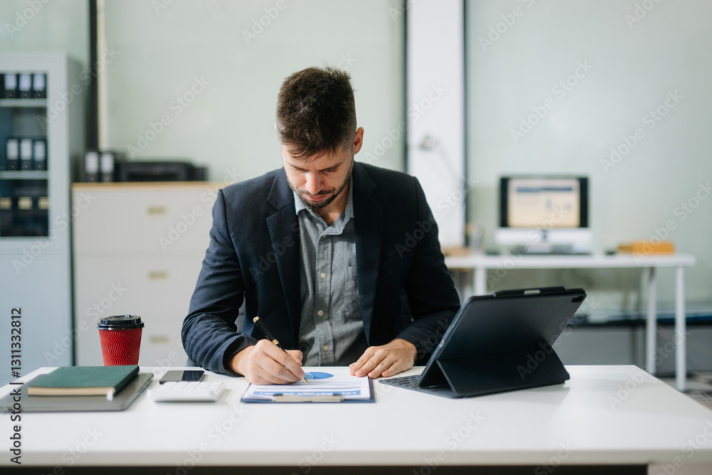business man executive manager looking at laptop watching online webinar training or having virtual meeting video conference business man executive manager looking at laptop watching online webinar training or having virtual meeting video conference
